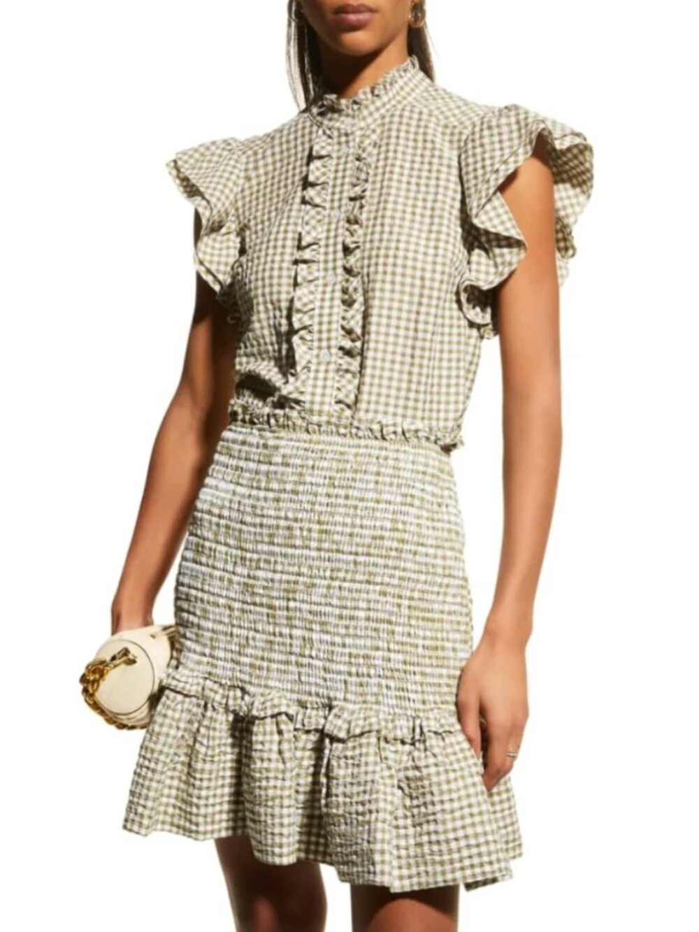 $298 Veronica Beard Green White Plaid Smocked Mini Cotton Aloya Dress size M - Picture 2 of 8